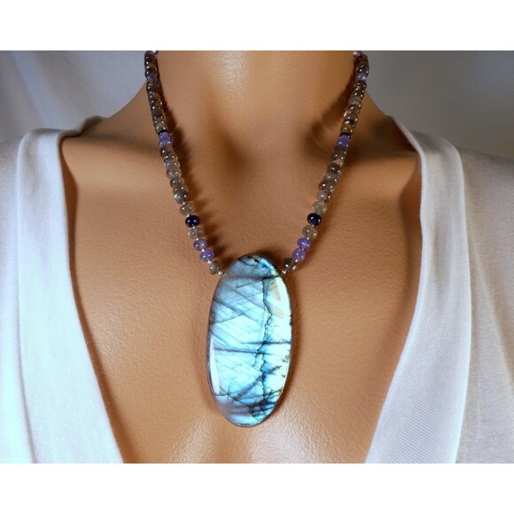 Spectrolite Labradorite Sapphire Tanzanite Sterling Silver Pendant Necklace - Picture 1 of 7